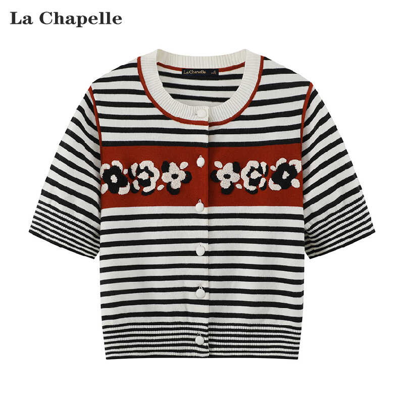 拉夏贝尔/La Chapelle红黑撞色条纹针织衫女夏季新款圆领t恤上衣