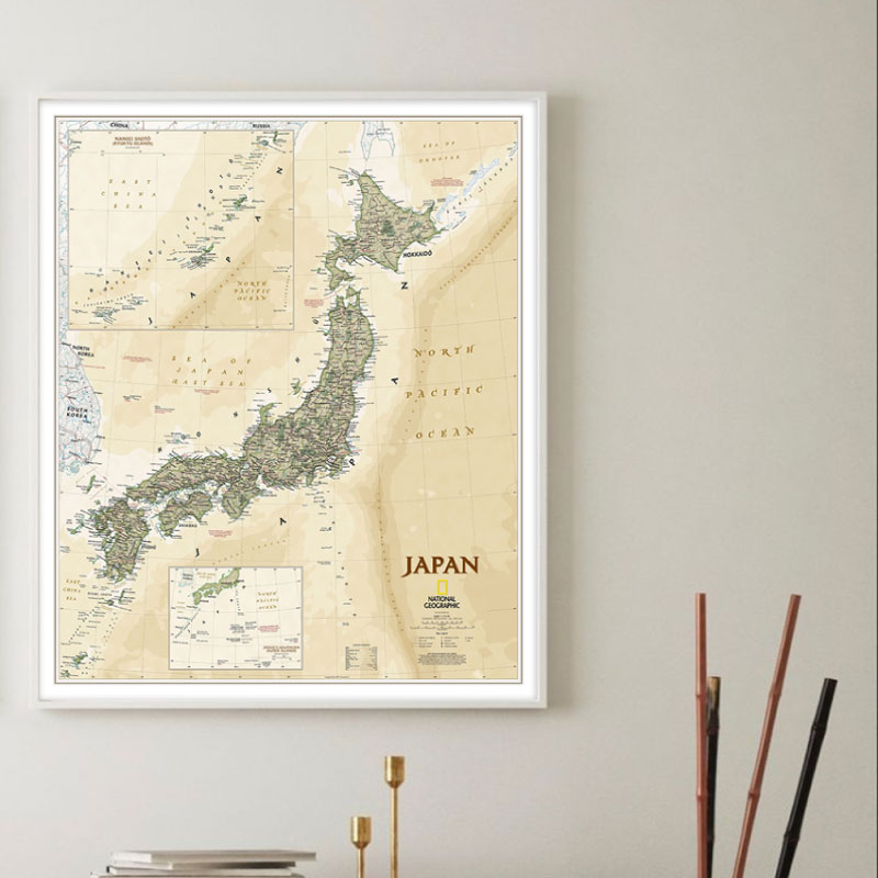 日本地图仿古蓝色英文版大尺寸布办公室教室客厅装饰画竖款背景墙