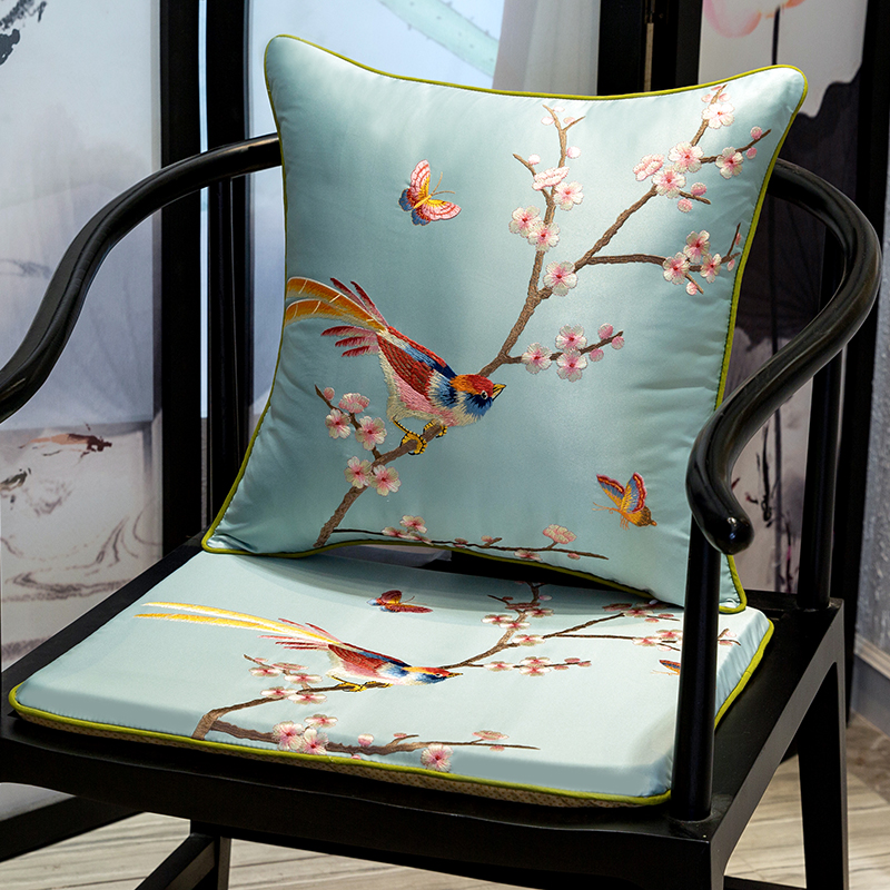 中式椅垫蝴蝶莺鸟刺绣沙发坐垫圈椅太师椅餐椅海绵垫防滑薄款定制