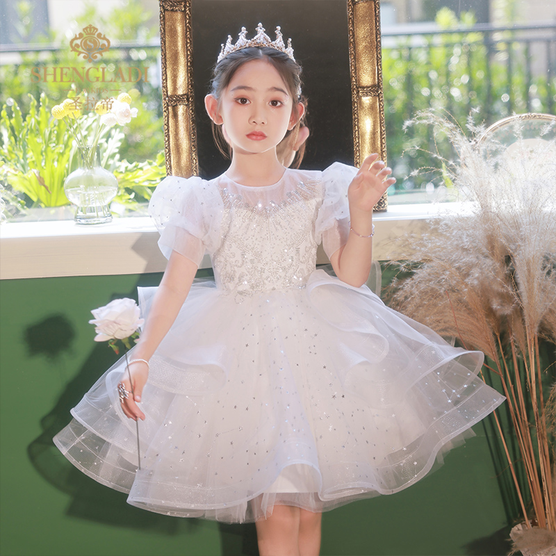 儿童礼服公主裙花童婚礼小女孩夏季白色婚纱钢琴主持人演出服女童