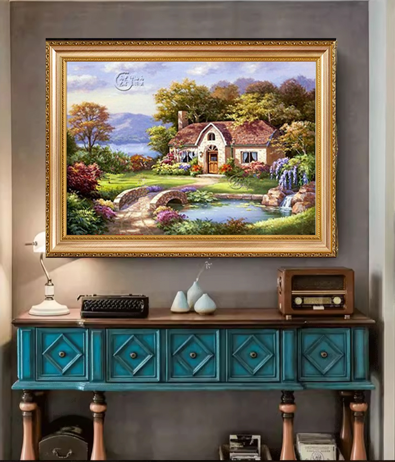 欧式手绘油画沙发背景墙客厅餐厅装饰画美式花园风景酒店山水挂画