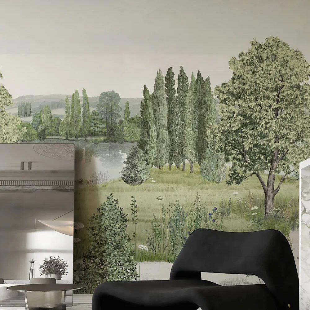 宽幅可定制无缝墙布壁画 在湖边 现代中古 法式轻奢丛林风景壁纸