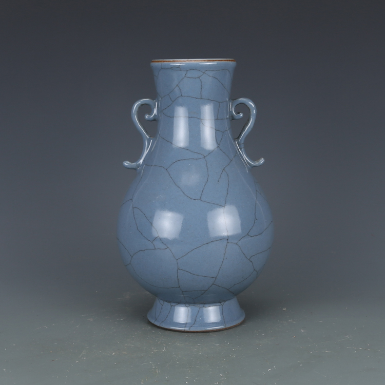 大清乾隆蓝釉哥窑如意瓶 仿古瓷器古董古玩收藏品摆件
