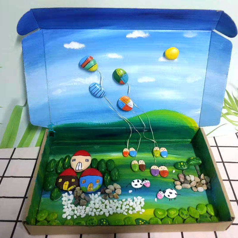 纸盒幼儿园手工艺diy综合材料石头画拼贴成动物特色教室走廊布置