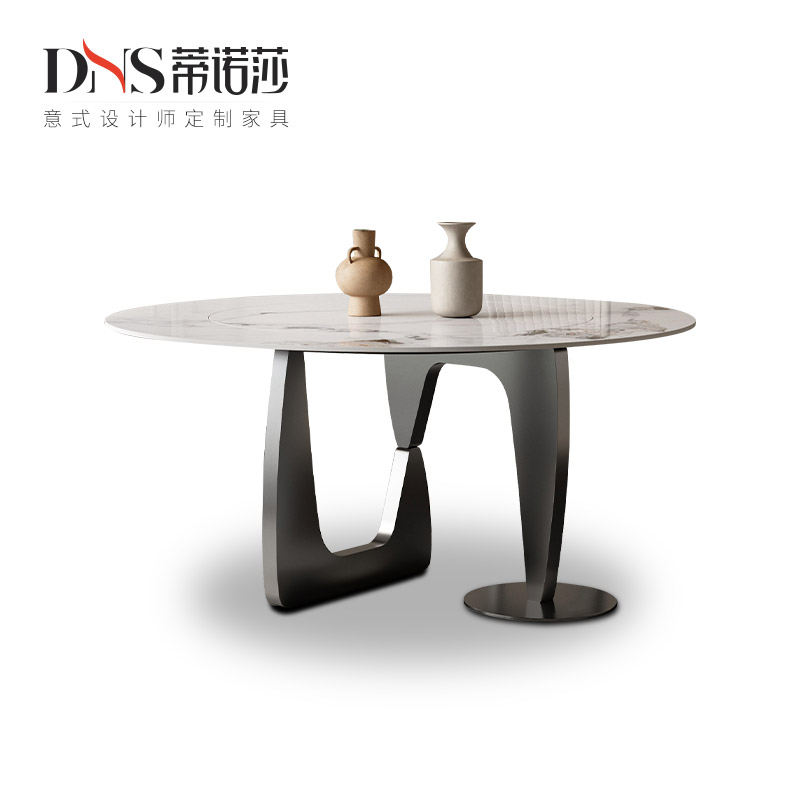 岩板餐桌轻奢高端内嵌式转盘设计师侘寂风奢石亮光岩板餐桌椅组合