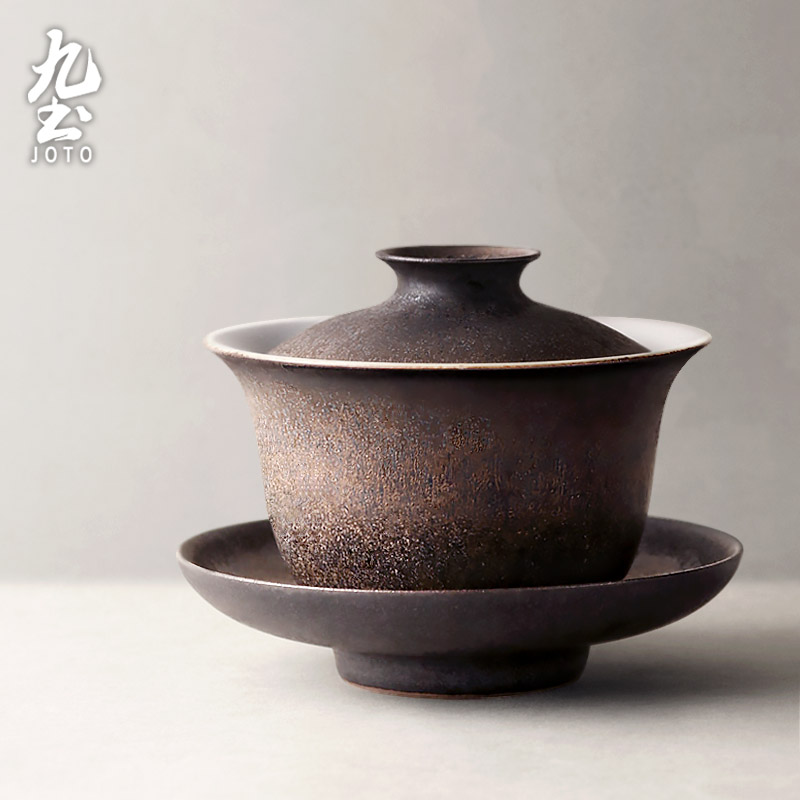 九土日式手工盖碗鎏金陶瓷功夫茶具禅意复古三才可养大号茶碗家用