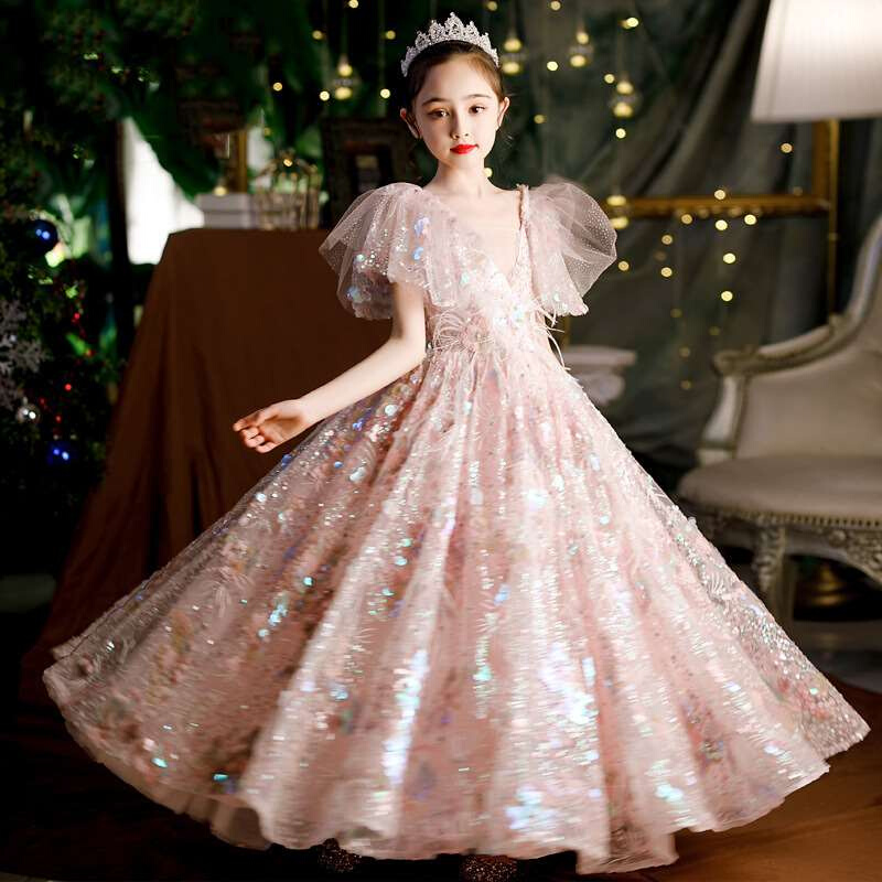 童礼服高定小孩10岁公主裙亮片主持人走秀表演钢琴演奏服儿童