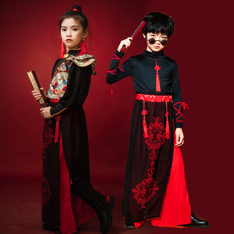 儿童中国风合唱服演出服男童复古女童旗袍走秀古典舞古筝表演服装