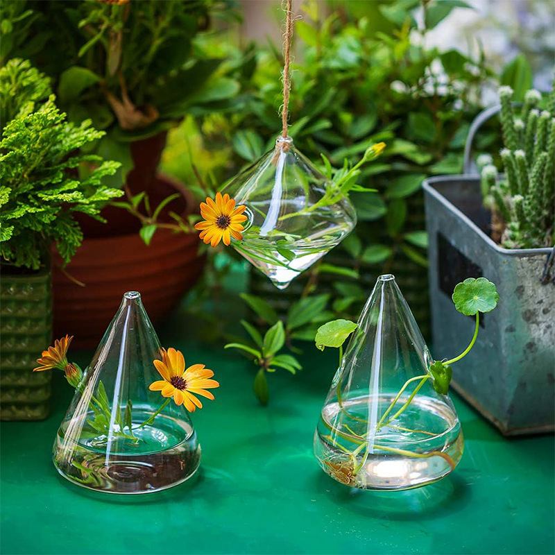 新款创意几何透明玻璃挂花瓶 时尚水培水滴小吊瓶 家居装饰墙壁吊
