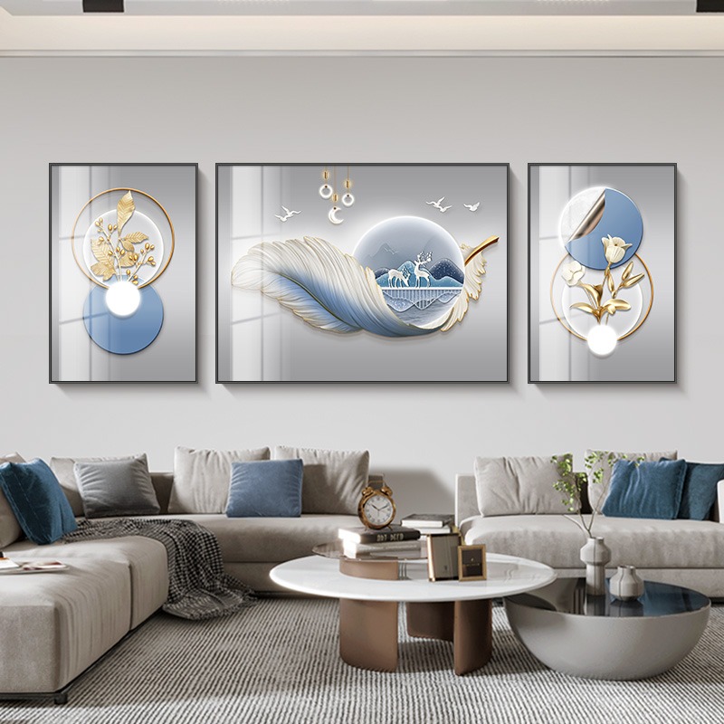 轻奢客厅装饰画高级感墙画沙发背景墙三联画大气挂画蓝色羽毛壁画