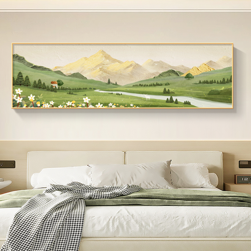 卧室房间墙壁背景墙轻奢装饰画高级感山水画横版夫妻主卧床头挂画