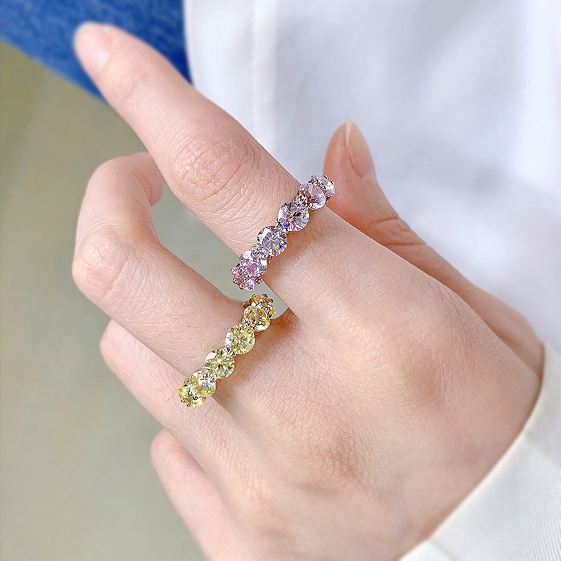 宋妍霏同款粉色钻石戒指女单排钻黄宝石纯银指环高级感轻奢食指戒