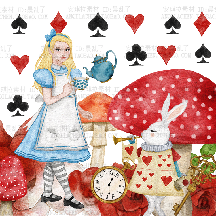 童话手绘水彩爱丽丝梦游仙境Alice蘑菇兔子杯子元素png手账素材