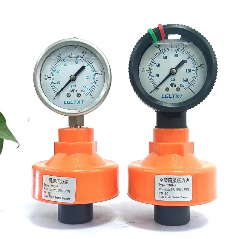 UPVC/PVDF塑料隔膜压力表786全塑表头膜片耐酸碱10kg1.6MPA水处理