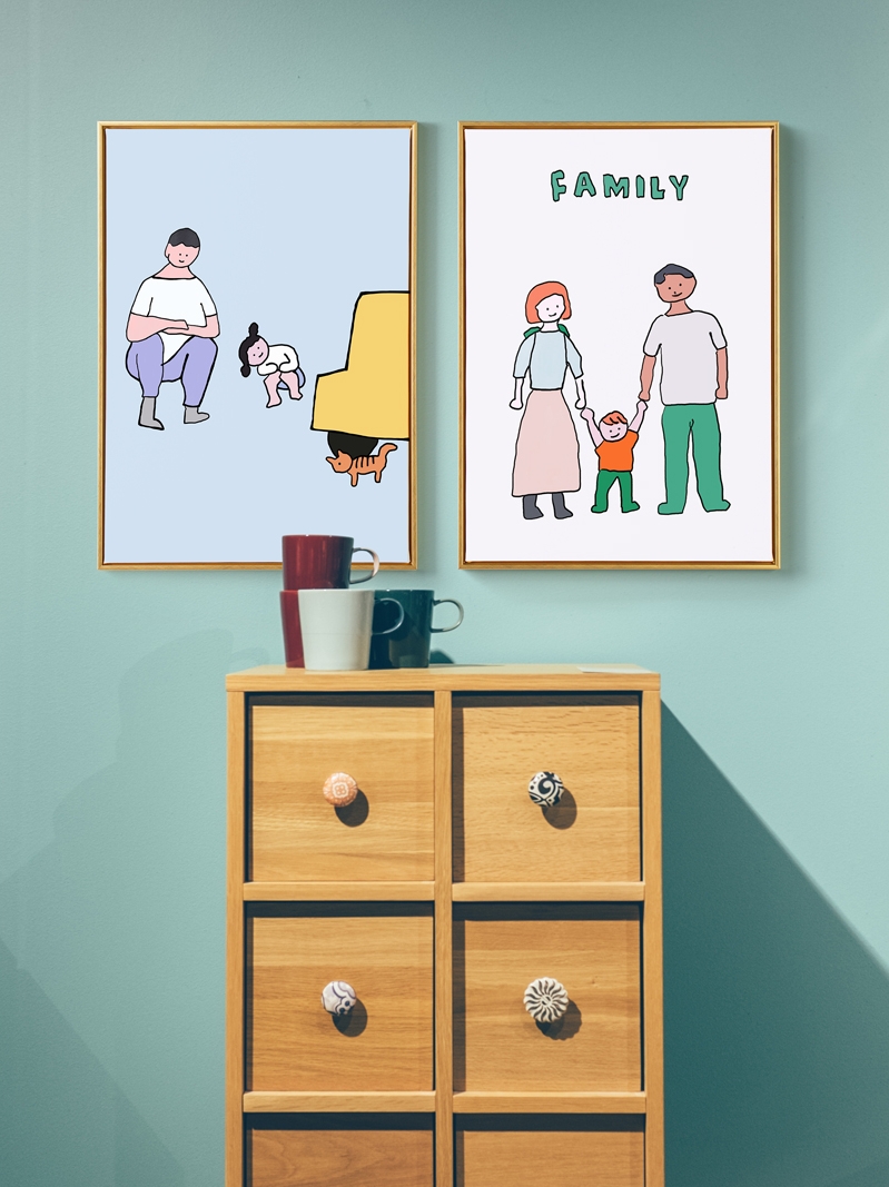 卡通家庭温馨插画 diy数字油画幸福一家人手工填色卧室客厅装饰画