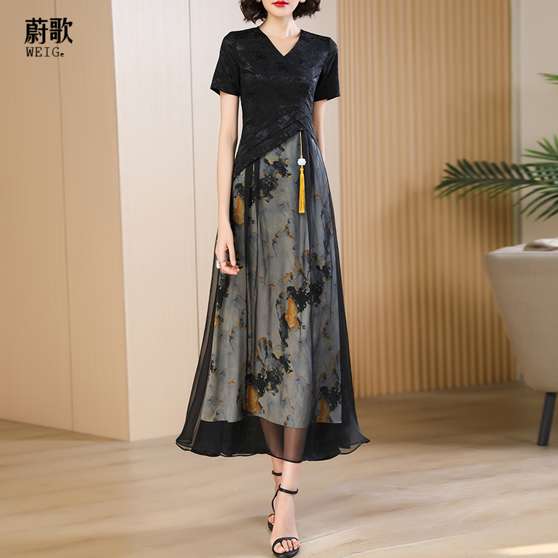 新中式黑色连衣裙气质修身2024夏新款高级感优雅改良长款旗袍裙女