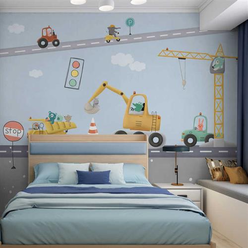 儿童房壁纸男孩卡通挖机壁布壁画2022新款墙布背景墙墙纸卧室男生