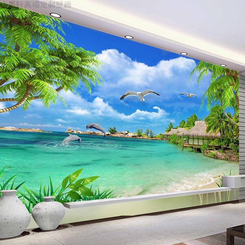 海景沙滩电视背景墙布酒店宾馆蓝天白云山水风景壁画壁纸海洋墙纸
