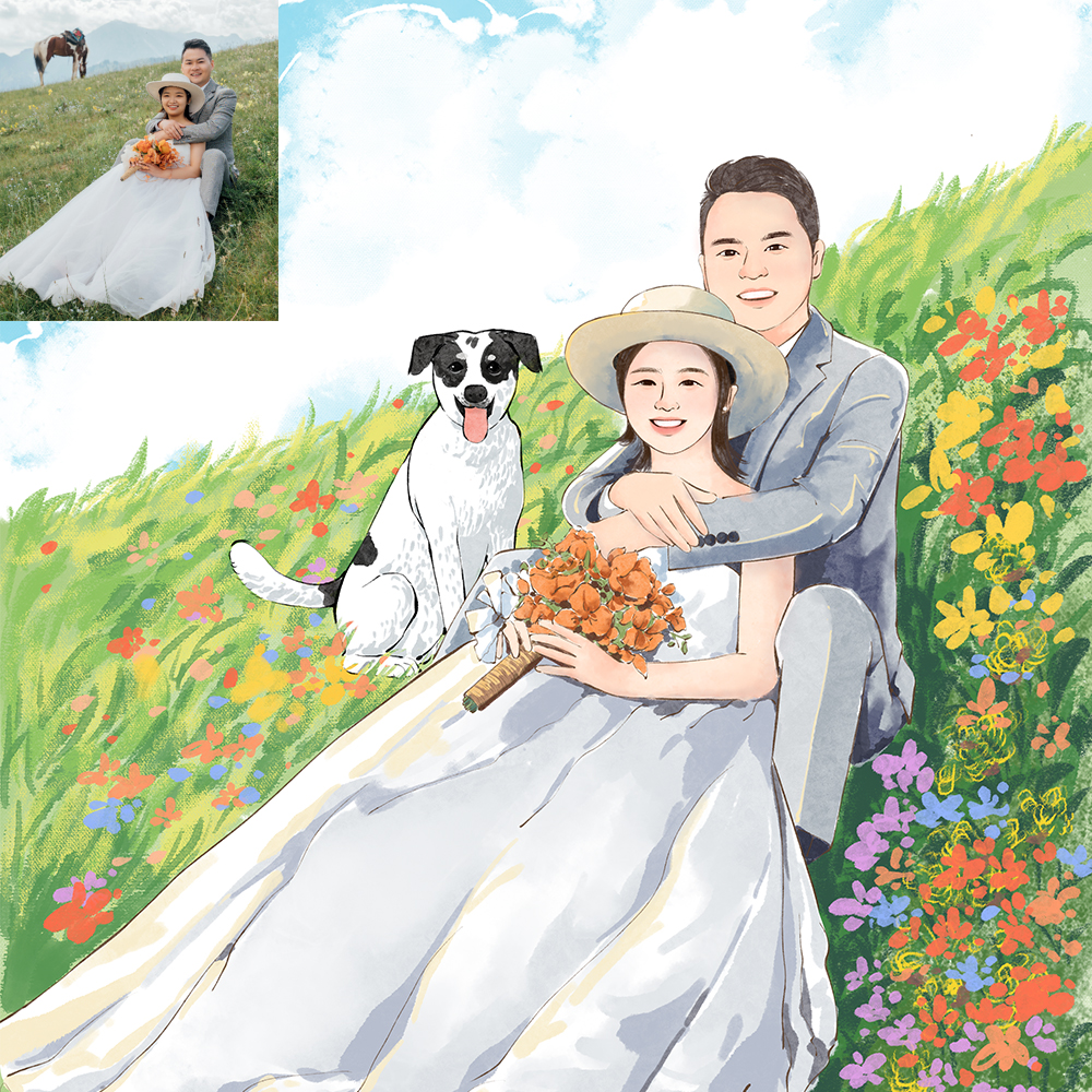 水彩婚纱情侣全家人物画像手绘淡彩结婚婚礼请柬漫画定制相框立牌