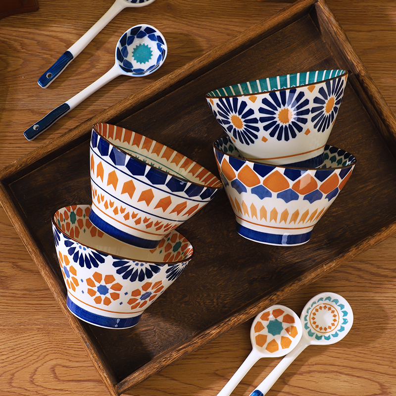 日式复古风斗笠碗波西米亚家用手绘陶瓷碗勺组合一人一色专用饭碗