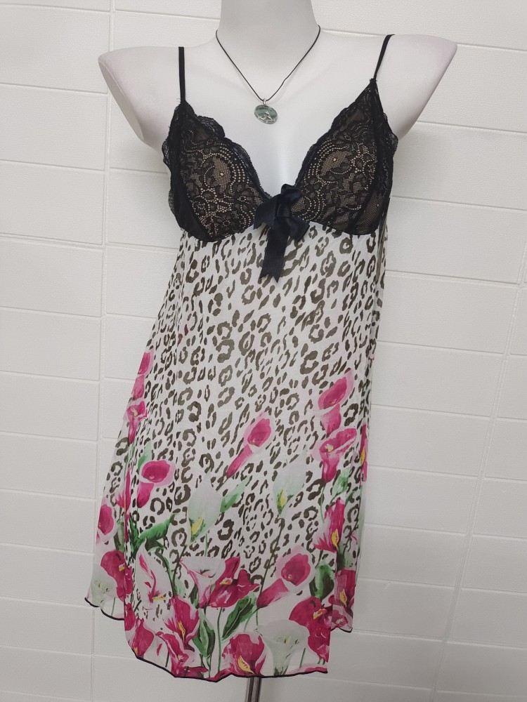 品牌女士夏款微透豹纹雪纺拼接蕾丝性感情趣款法式吊带裙吊带睡裙