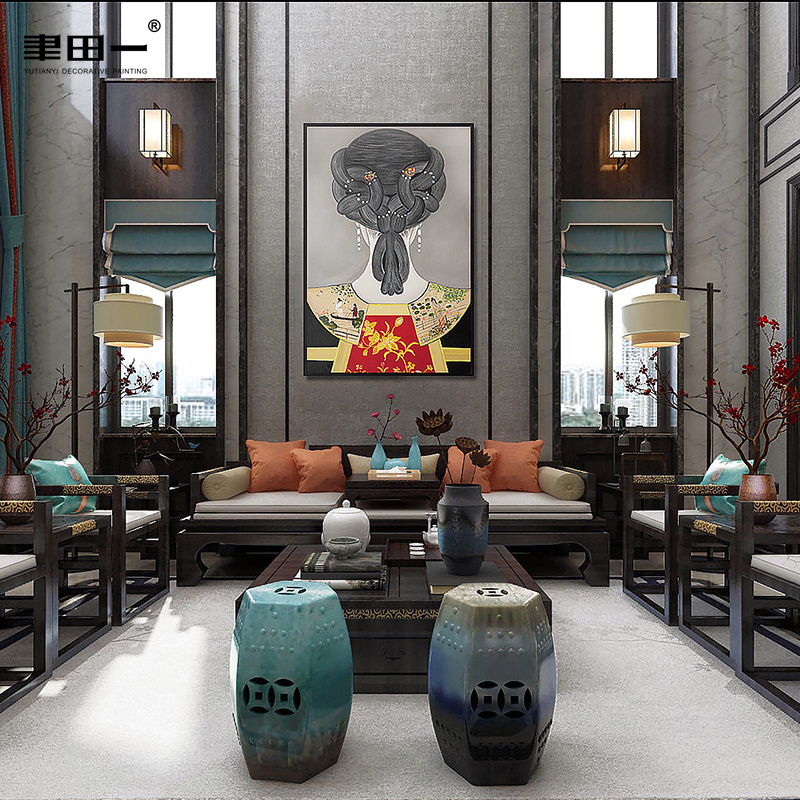 客厅装饰画 现代中式 中国风女人发髻背影展厅卧室样板房玄关挂画