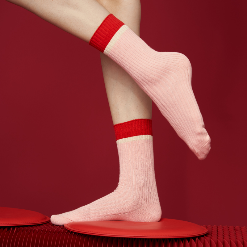 棉袜中筒穿搭红色秋冬ins潮牌外穿百搭网红袜粉色拼接