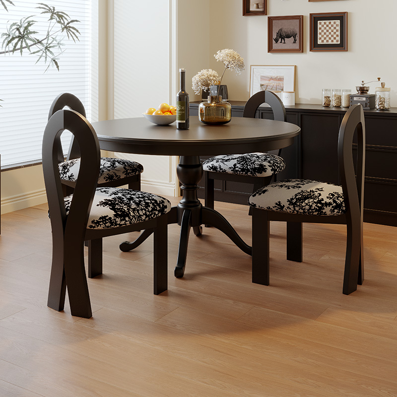 美式圆形实木餐桌椅黑色法式中复古风餐桌圆桌北欧小户型家用饭桌
