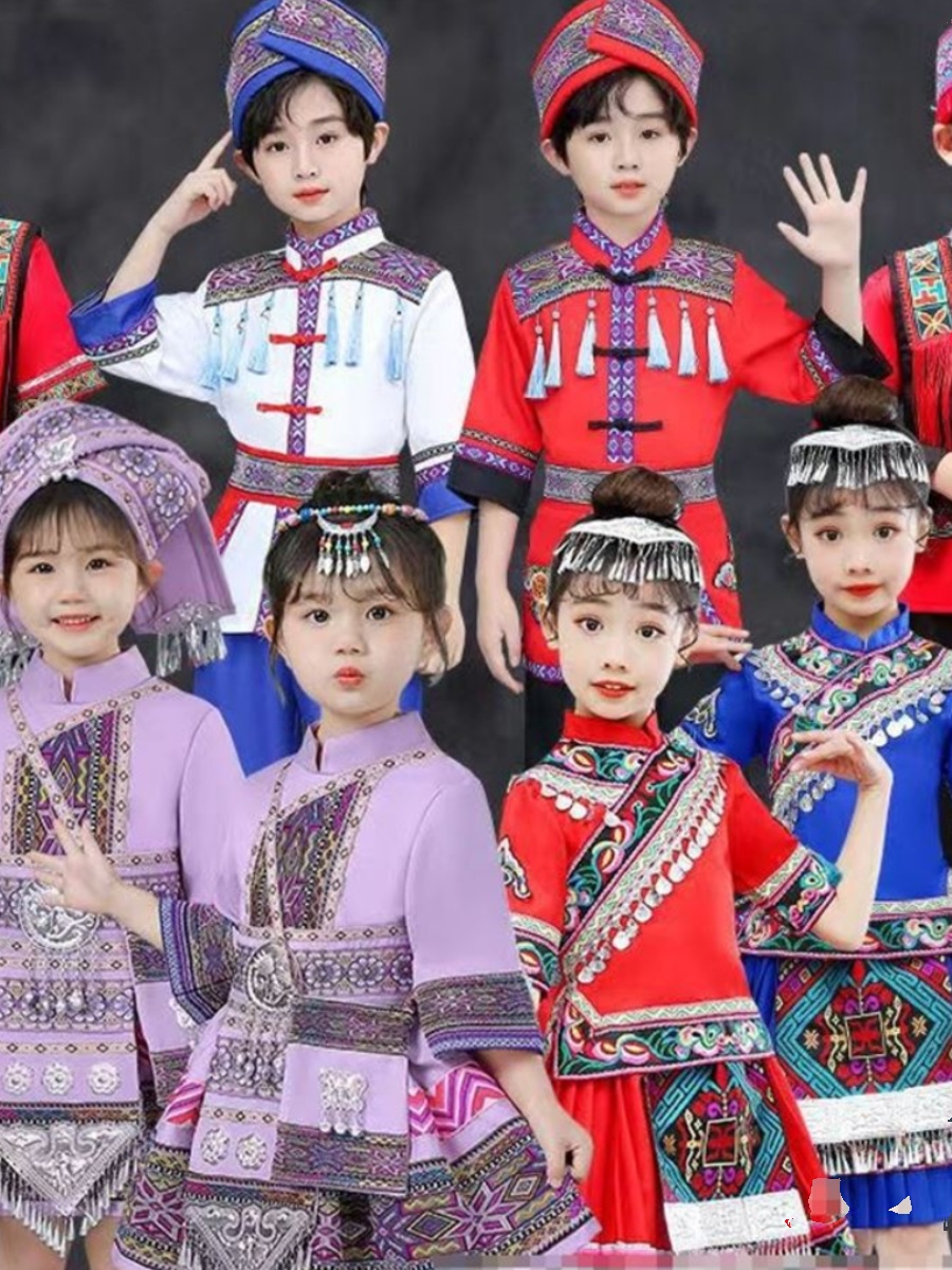 广西三月三少数民族壮族改良版儿童服饰男女童唱山歌舞蹈演出服装