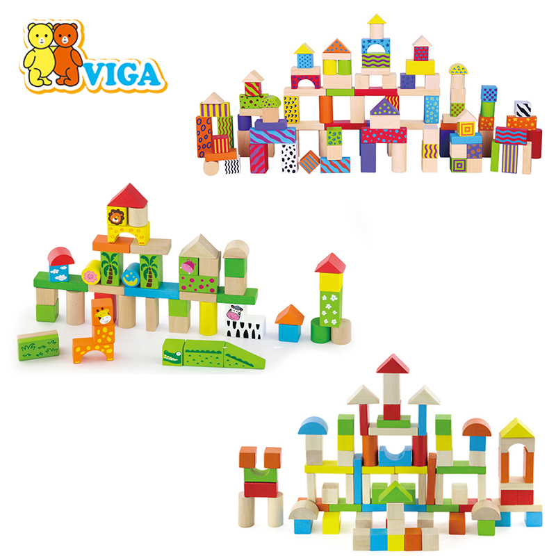 VIGA唯嘉浅色积木幼儿园彩色积木卡通动物园木质拼搭简单玩具