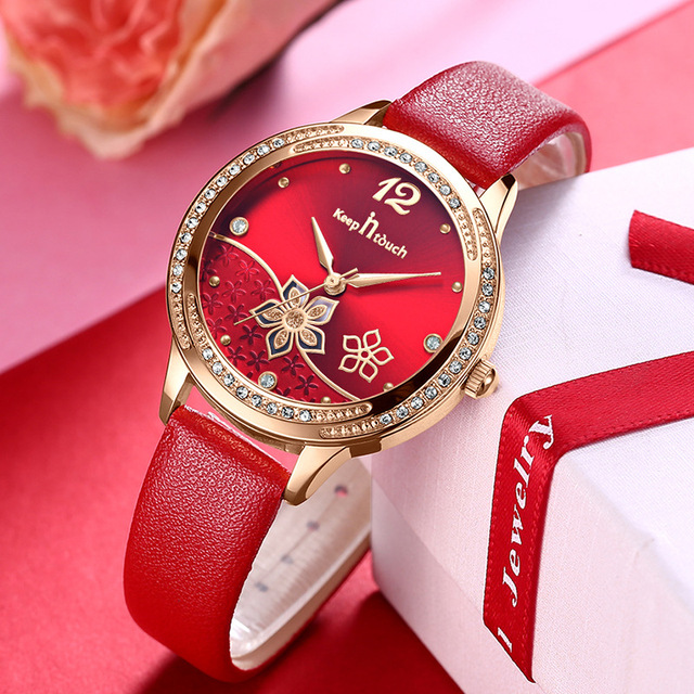 瑞士新款正品牌女士手表本命年红色真皮防水表520送女友礼物生日