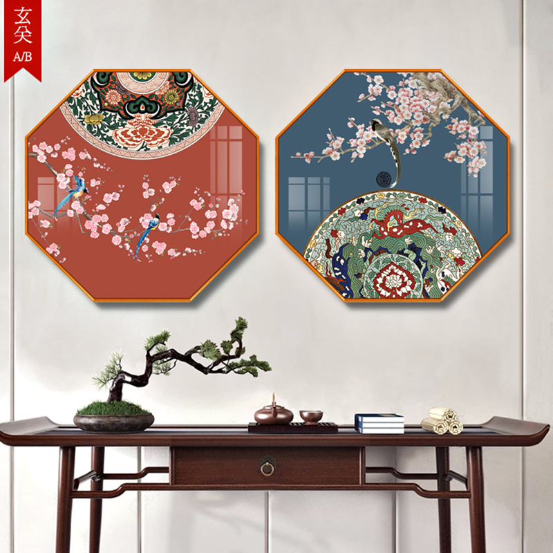 新中式民风民俗花鸟等边八边形装饰画中国风花卉玄关入户壁画植物