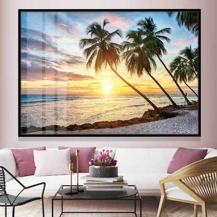 夏威夷海边椰树装饰画太阳光黄昏风景晶瓷画长方形铝合金黑框挂画
