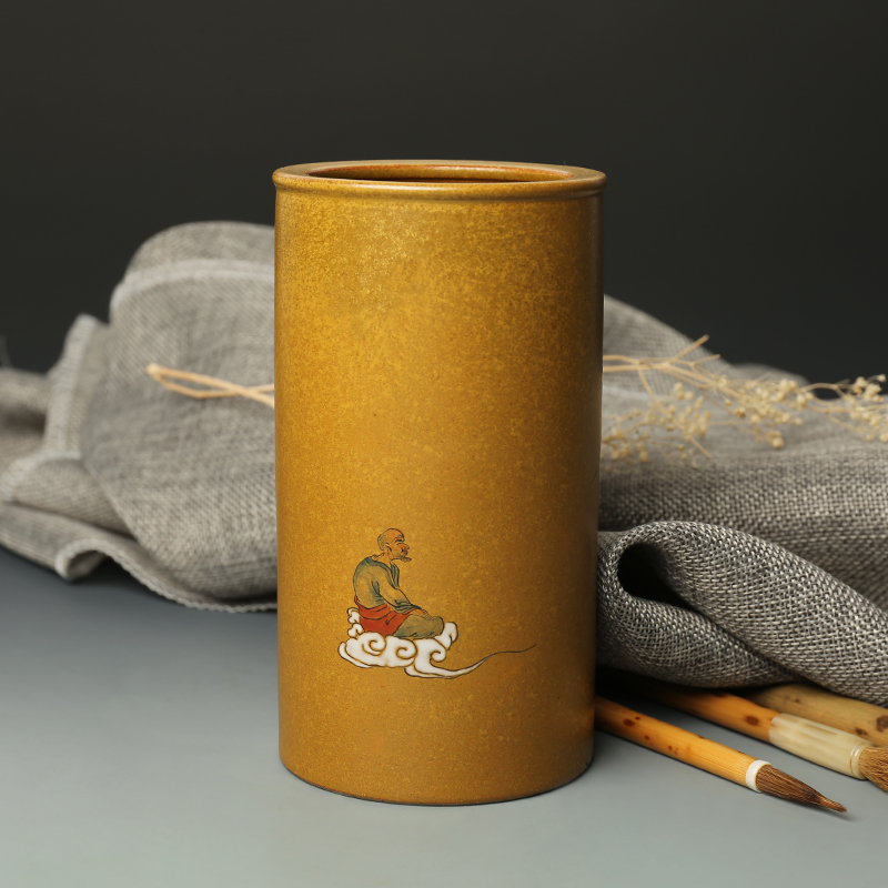 达摩图陶瓷笔筒 匠人手绘景德镇创意文房书法精制摆件工艺品手造
