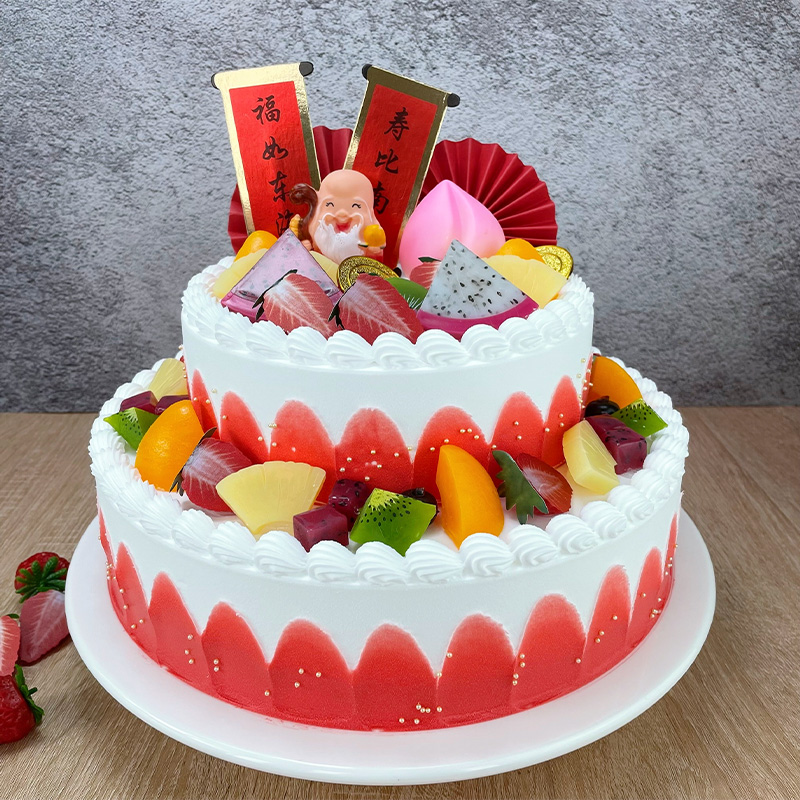 新款网红卡通祝寿寿桃老人过寿两层双层蛋糕模型仿真定制橱窗样品