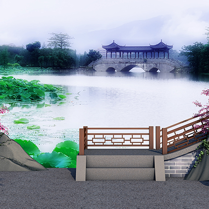 戏曲红楼梦后花园小桥假山凳子游玩风景池塘高清LED大屏幕图片