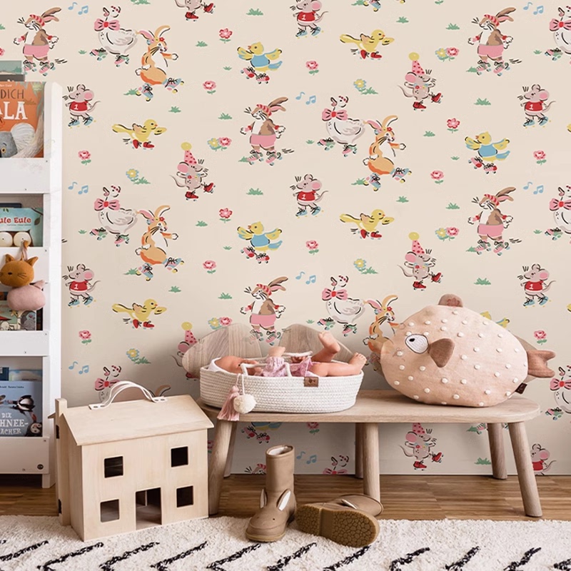 3d小兔子美式墙布可爱儿童房壁纸北欧风女孩卧室碎花墙纸全屋定制