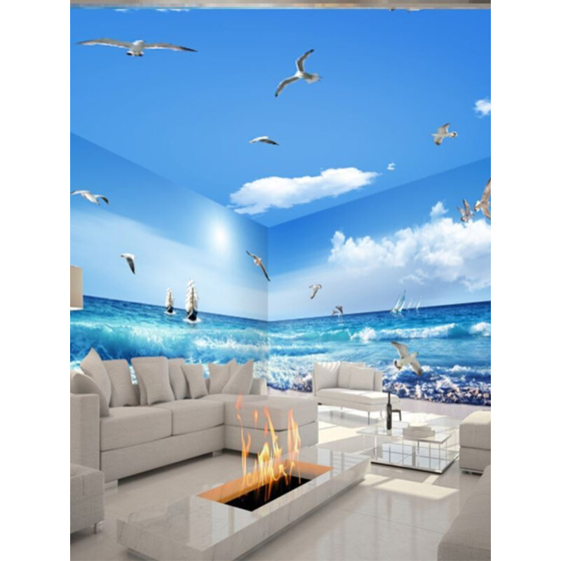 蓝天白云沙滩全屋定制墙纸酒店包厢吊顶壁纸现代简约海洋风景壁画