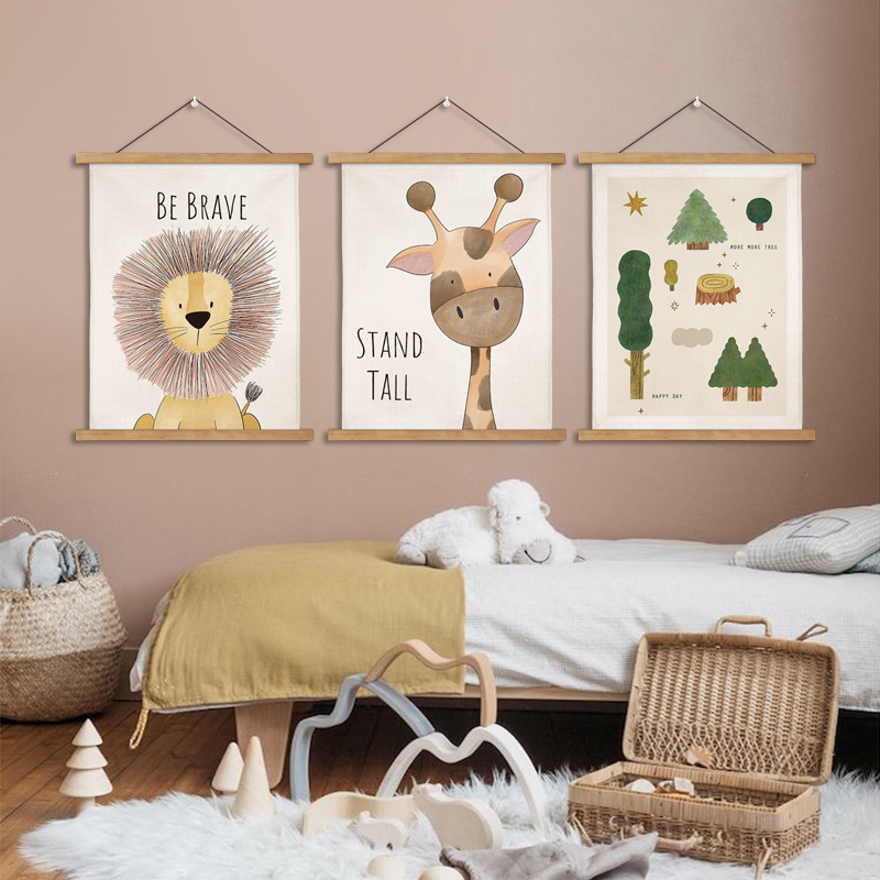 创意儿童房卧室ins小动物挂轴画简约卡通房间布艺挂画墙面装饰画