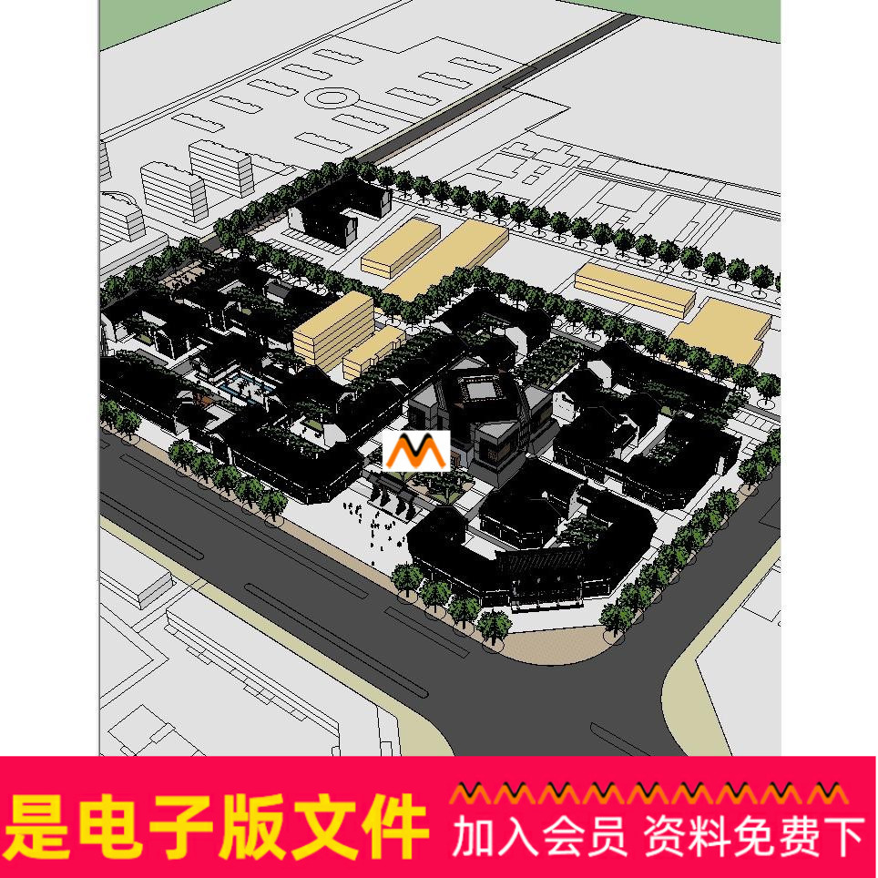 A146中式风格中国白酒文化主题仿古商业街步行商铺商住楼SU模型图