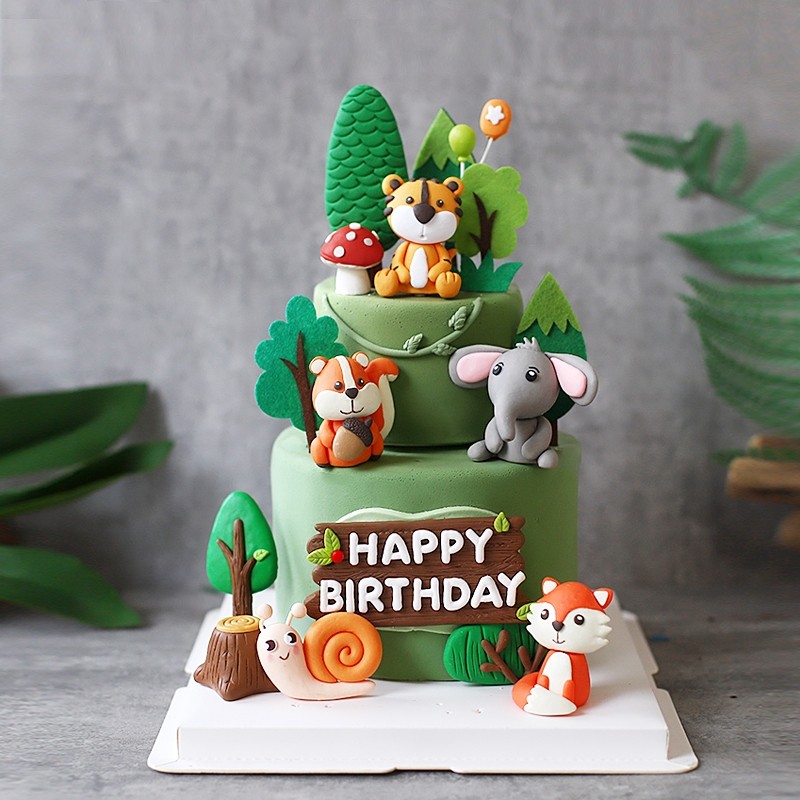 烘焙蛋糕装饰坐姿大象老虎小狐狸摆件森林软陶小动物儿童生日插件
