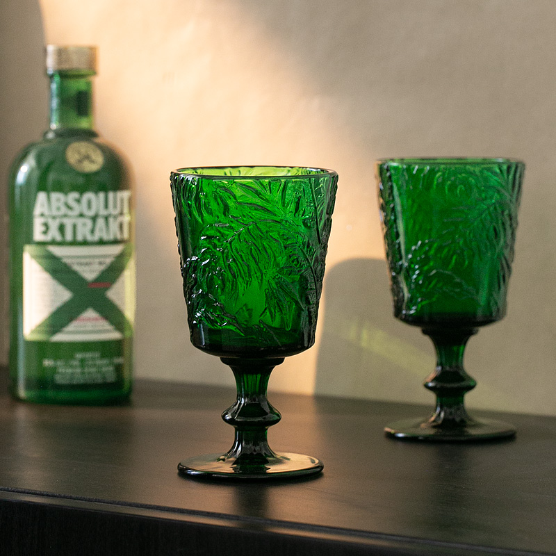 复古祖母绿热带雨林玻璃红酒杯 高脚杯水杯饮料杯加厚ins风中古