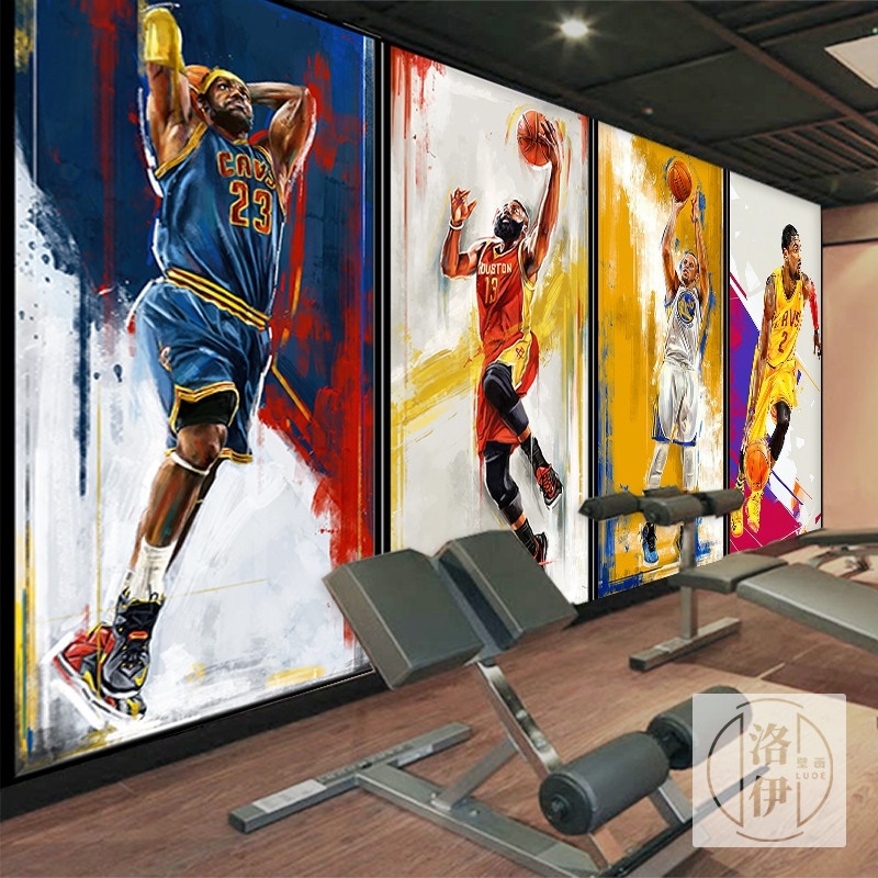 篮球nba球星墙纸少儿体能馆培训班卡通背景墙装饰健身房球馆壁纸