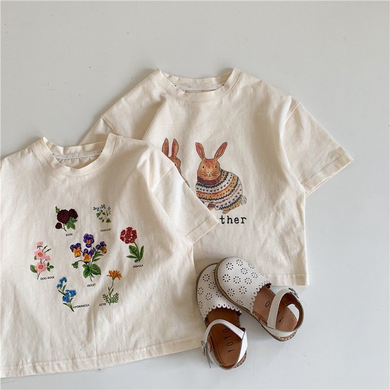 100%纯棉可爱中小女童亲子装宝宝短袖韩版儿童卡通兔子印花t恤半