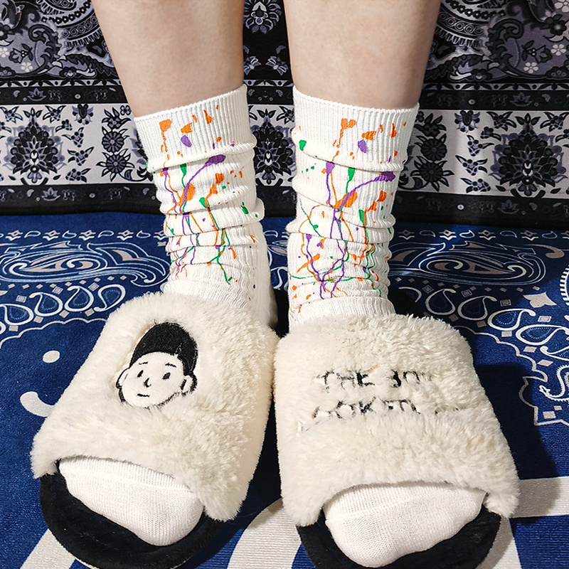 泼墨艺术袜中筒白色堆堆袜运动ins风街头潮流男女扎染涂鸦长袜子