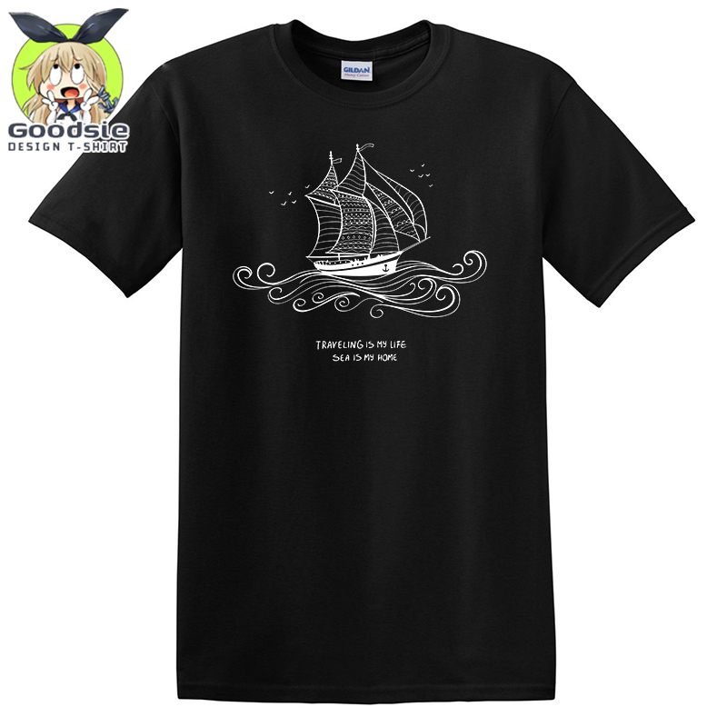 帆船图案印花海边沙滩T恤男短袖国外旅游度假半袖纯棉小众设计潮
