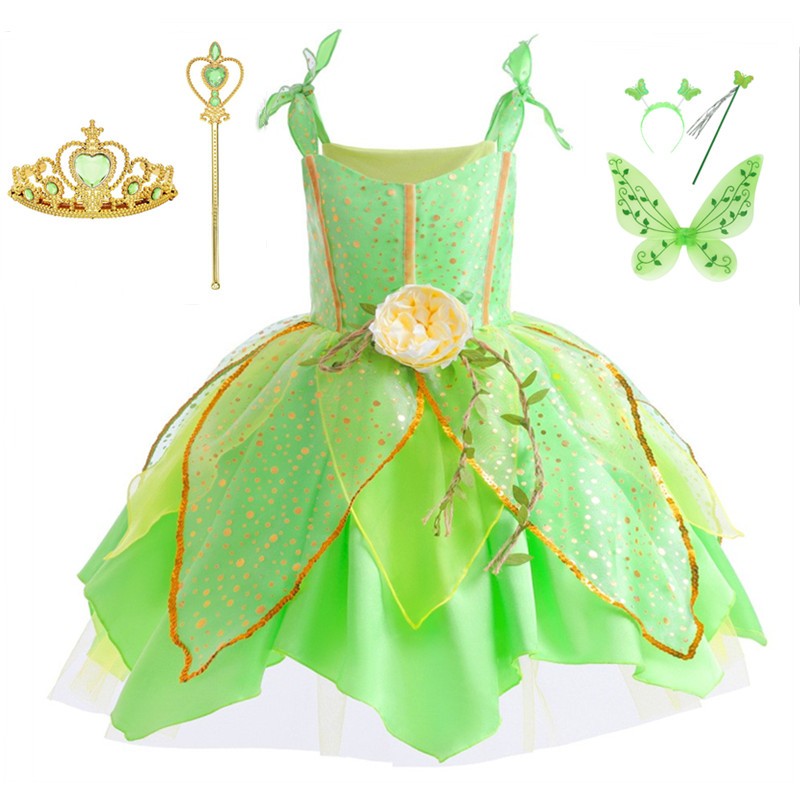 新款绿色小精灵连衣裙公主蒂安娜小叮当魔法吊带裙子儿童演出服饰