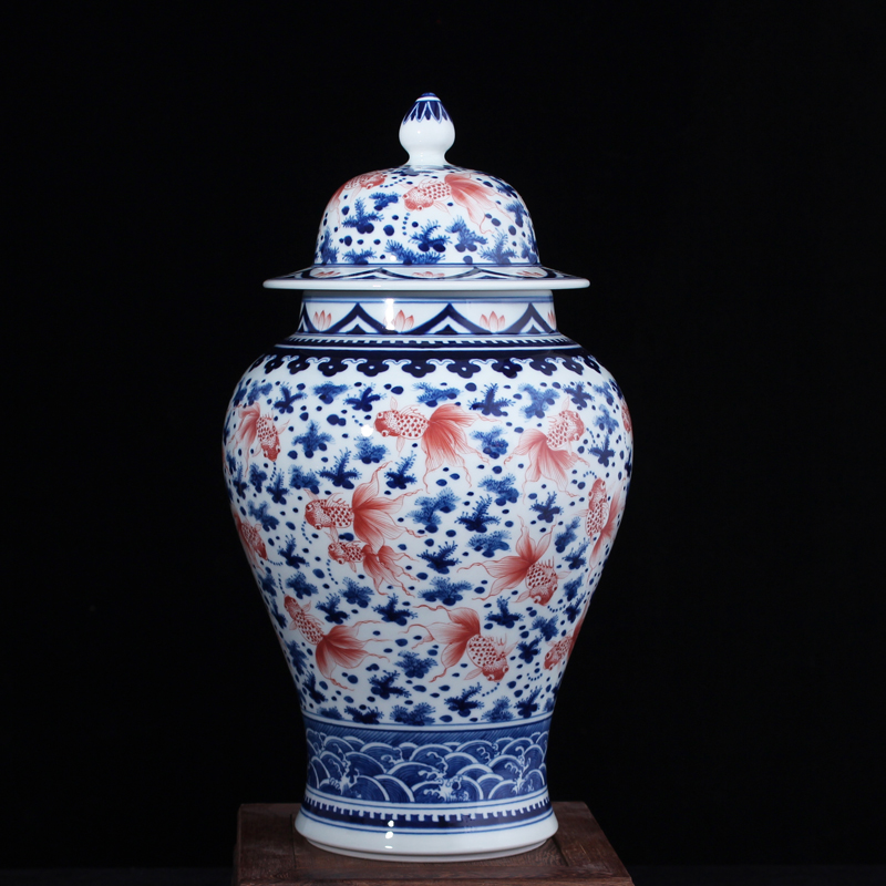 景德镇陶瓷花瓶将军罐摆件手绘金鱼图桌面书房客厅装饰青花瓷盖罐