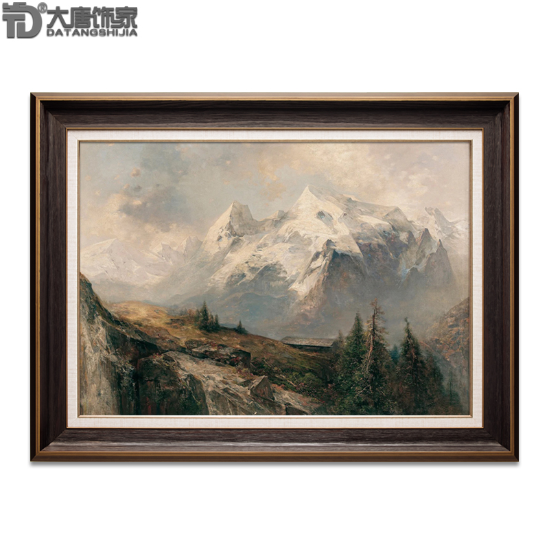 怀旧复古侘寂风格画手绘客厅油画壁炉装饰画美式阿尔卑斯山脉N289