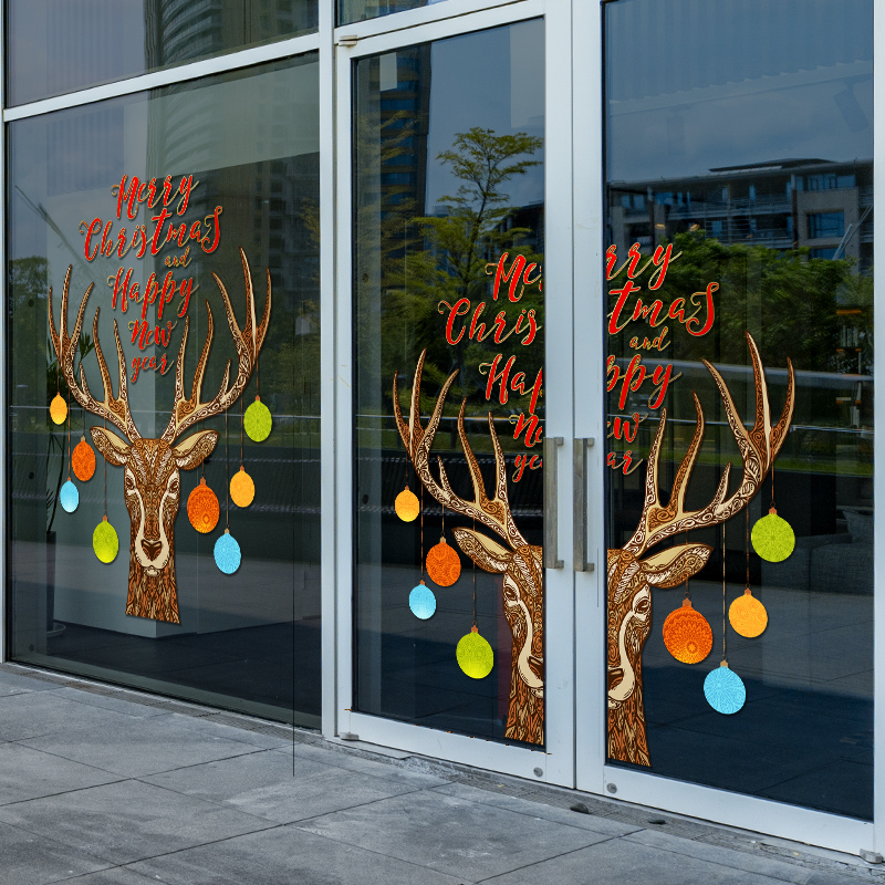 圣诞节麋鹿装饰静电贴纸推拉门橱窗对开移门装扮大尺寸双面玻璃贴